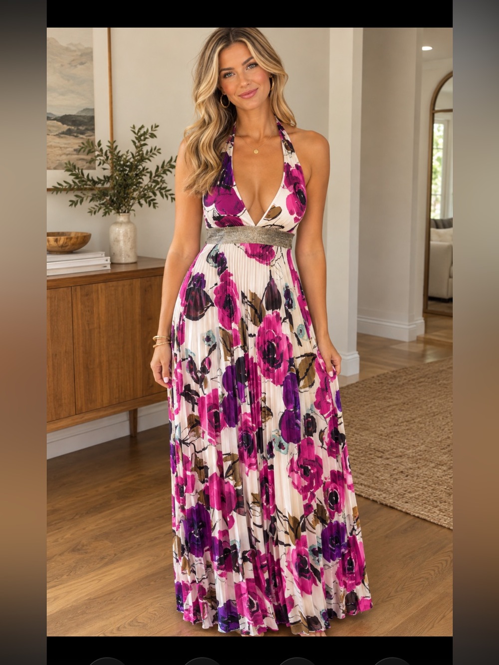XOXO Halter Plunge Floral Pleated Long Dress Sz S
